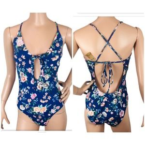 Cremieux Swimsuit Woman Size L One Piece Sapphire Blue Floral Tie Front Back NEW